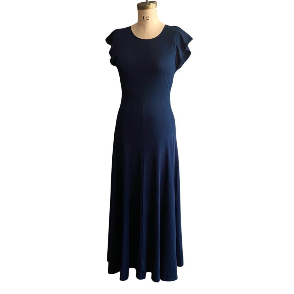 Vintage maxi dress, navy blue, key hole back, flutter sleeves, M